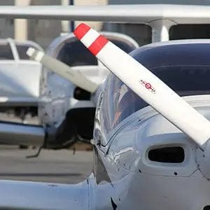A Diamond DA20 trainer propeller on the ramp at Van Nuys Airport