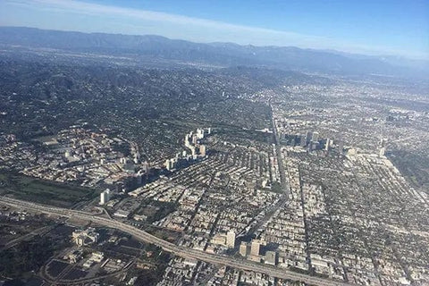 The Los Angeles basin and a freeway seen from a small airplane